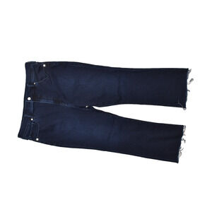 Express Women's Dark Wash Mid Rise Cropped Flare Jeans Size 16 Raw Hem Cotton